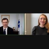 A Zoom screenshot of Melanie Stansbury and Secretary Pete Buttigieg